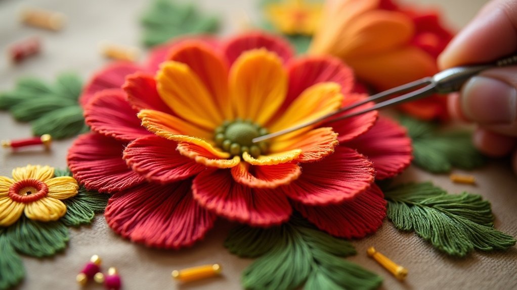 dimensional flowers in embroidery